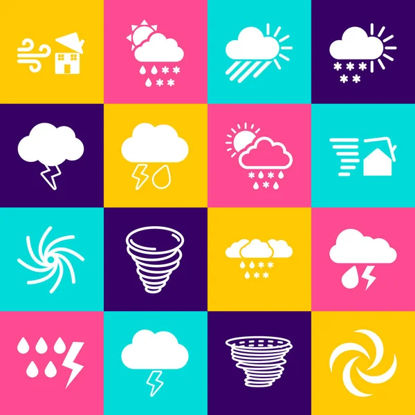 Set Tornado, Wolke mit Regen und Blitz, Wirbel, Bewölkte Sonne, Sturm und Schnee, Regen, Symbol. Vektor — Stockvektor