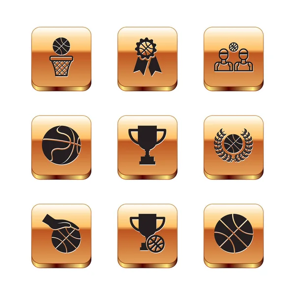 Set Basketball-Ball und Korb, Hand mit Basketball, Pokal, Spieler und Award-Symbol. Vektor — Stockvektor