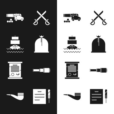 Korsan çuvalı, gemi, top güllesi, çapraz korsan kılıcı, kararname, parşömen, parşömen, teleskop lensi, tüy kalem ve tüten pipo ikonu. Vektör