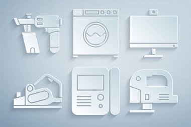 Ev dahili haberleşme sistemini, bilgisayar monitörünü, elektrikli planlayıcı, yapboz, çamaşır makinesi ve çivi tabancası simgesini ayarla. Vektör
