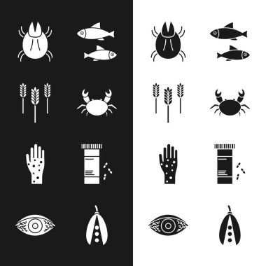 Yengeç, buğday, parazit, sedef veya egzama ile balık, ilaç şişesi hapları, böbrek fasulyesi ve kırmızımsı göz alerjisi konjonktivit ikonu. Vektör