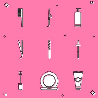 Saç fırçası, saç maşası, krem kozmetik tüp, tırnak törpüsü, Pipette, Mascara ve aynalı makyaj tozu. Vektör