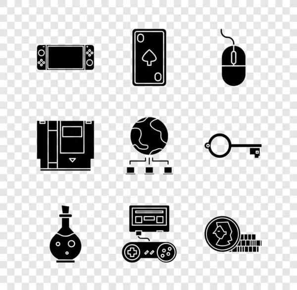Taşınabilir oyun konsolu, elmaslı kart oyunu, bilgisayar faresi, şişe sihirli iksiri, oyun joystick, Coin for, Cartridge ve ağ simgesini ayarlayın. Vektör — Stok Vektör
