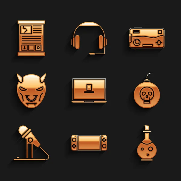 Set Laptop, Portable video game console, Bottle with magic elixir, Bomb ready explode, Microphone, Mask of the devil horns, Mobile and playing in and Game guide icon. Vector — Stock Vector