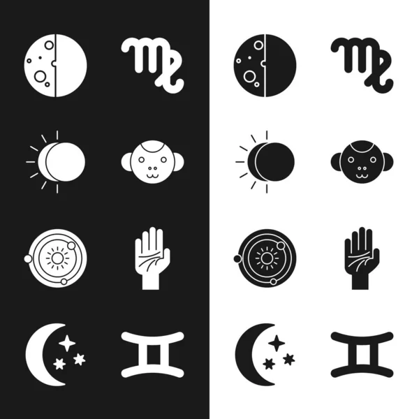 Set Mono zodiaco, eclipse del sol, virgo, sistema solar, mano quiromancia, ícono de las estrellas Géminis y Luna. Vector — Archivo Imágenes Vectoriales