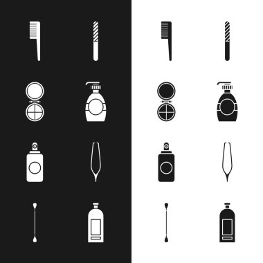 Bir şişe sıvı sabun, aynalı makyaj tozu, saç fırçası, tırnak törpüsü, sprey kutusu, kaş cımbızı, şampuan ve kulak ikonu için pamuk çubuğu. Vektör