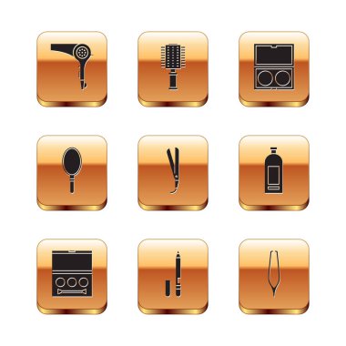 Saç kurutma makinesi, göz farı paleti, göz kalemi, kaş maşası, saç maşası, saç maşası, el aynası, makyaj pudrası, kaş cımbızı ve saç fırçası ikonu. Vektör