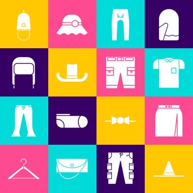 Bahçıvan şapkası, etek, polo gömlek, pantolon, kulaklıklı kış, polis şapkası ve kısa pantolon ikonu. Vektör