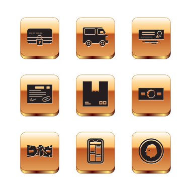 Kredi kartını kilit, çevrimiçi alışveriş telefonu, karton kutu trafik sembolü, garanti sertifikası şablonu, banka çeki ve kalemi, madeni para ve teslimat kamyonet ikonu ile ayarla. Vektör