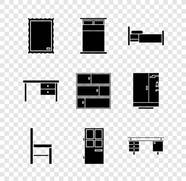 Set foto, groot bed, bed, stoel, gesloten deur, bureau, en plank pictogram. Vector — Stockvector