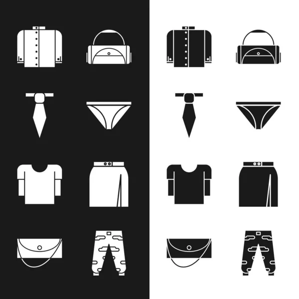 Set Hombre calzoncillos, corbata, camiseta, bolsa de deporte, manga larga, falda, carga de camuflaje y embrague icono. Vector — Archivo Imágenes Vectoriales