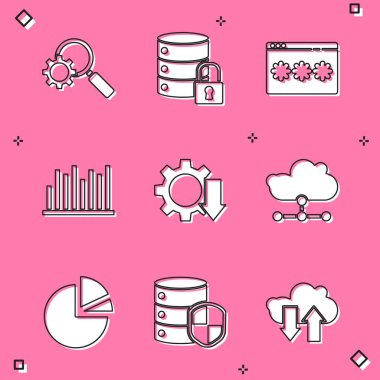 Büyüteç ve teçhizat ayarlayın, sunucu güvenliği kilit, parola koruması, pasta grafiği bilgisi, maliyet azaltma, ağ bulut bağlantısı ve kalkan simgesi. Vektör
