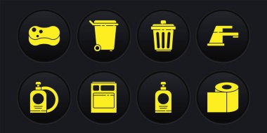 Bulaşık deterjanı şişesi ve tabağı, su musluğu, mutfak bulaşık makinesi, el dezenfektanı, çöp kutusu, tuvalet kağıdı rulosu ve sünger ikonu hazırla. Vektör