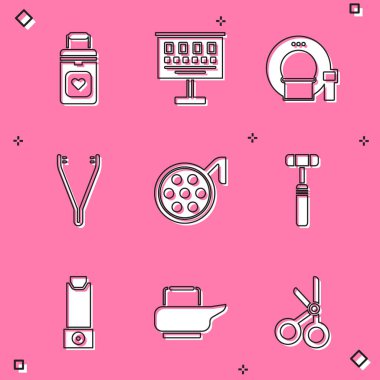 Organ kabı, göz testi grafiği, tomografi, tıbbi cımbız, ameliyat lambası, nöroloji refleks çekici, astım ilacı ve lazımlık ikonu hazırlayın. Vektör