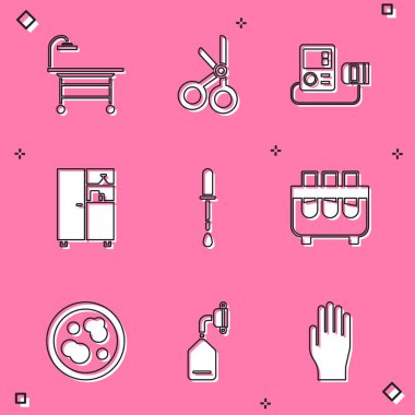 Ameliyat masası, tıbbi makas, tansiyon, ilaç dolabı, Pipette, tüp ve matara, bakteri ve oksijen maskesi ikonlu Petri kabı hazırlayın. Vektör