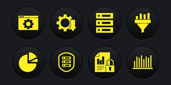 Встановити чарт Pie infographic, воронка з продажами, сервер-щит, документ і замок, сервер, дані, веб-хостинг, зменшення витрат і налаштування Браузера. Вектор — стоковий вектор