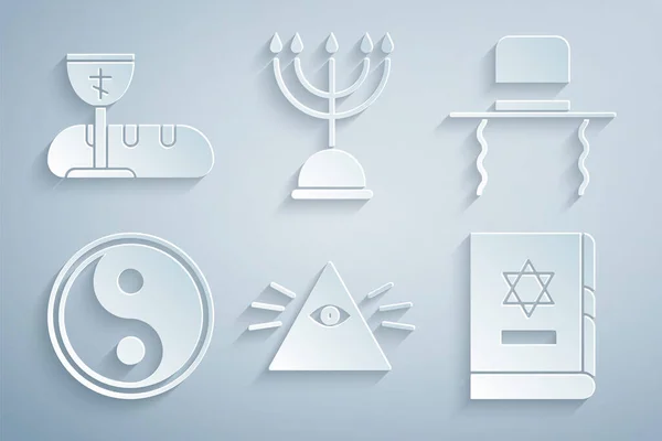 Set Masons, Orthodox jewish hat with sidelocks, Yin Yang, Jewish torah book, Hanukkah menorah and First communion symbols icon. Vector — Stock Vector