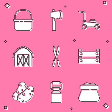 Sepet, tahta balta, çim biçme makinesi, çiftlik evi, bahçe yapımı el yapımı makas, kutu, süt ikonu için patates ve kutu. Vektör