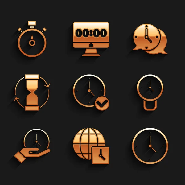 Set Relógio, Hora mundial, Velha ampulheta, bolha de fala e ícone de cronômetro. Vetor — Vetor de Stock