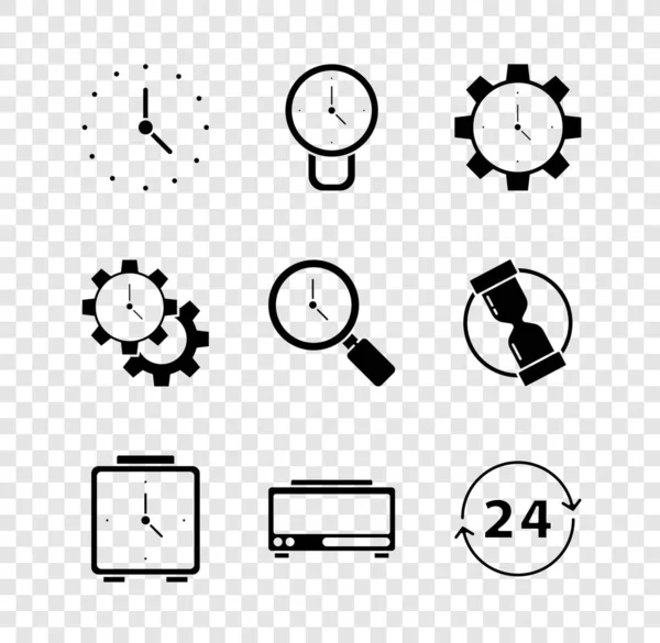 Réglez Horloge, Gestion du temps, Réveil, alarme numérique, 24 heures, et le verre grossissant avec icône. Vecteur — Image vectorielle