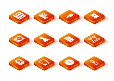 8k Ultra HD, Retro TV, CD disk ödülünü çerçeve, Megaphone veya DVD, Cinema chair, Media projektör ve Video simgesi olarak ayarla. Vektör