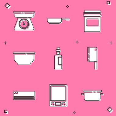 Set pulları, kızartma tavası, reçel kavanozu, kase, zeytin yağı, et helikopteri, klima ve elektronik ölçek ikonu. Vektör