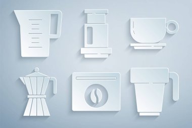 Kahve çekirdekleri, kahve fincanı, kahve fincanı, uçak ve ikonlu sürahi seti. Vektör