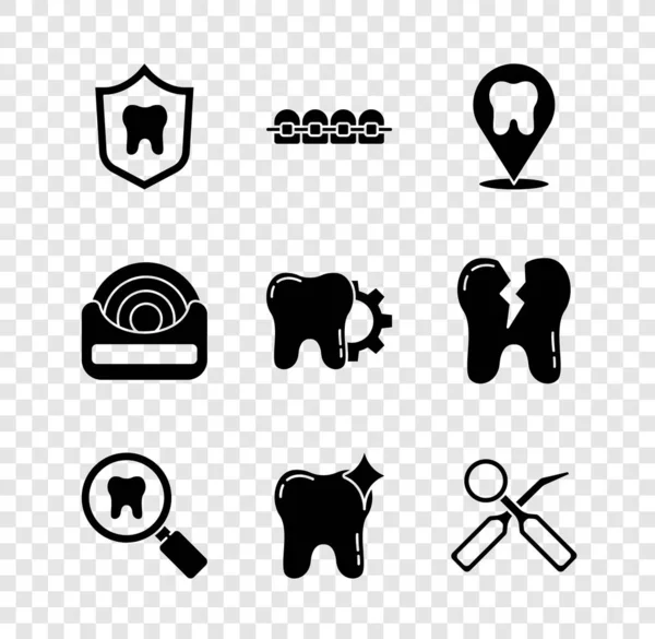 Diş koruma, diş teli, klinik konumu, arama, diş beyazlatma, teftiş aynası, diş ipi ve tedavi prosedürü ikonu. Vektör — Stok Vektör