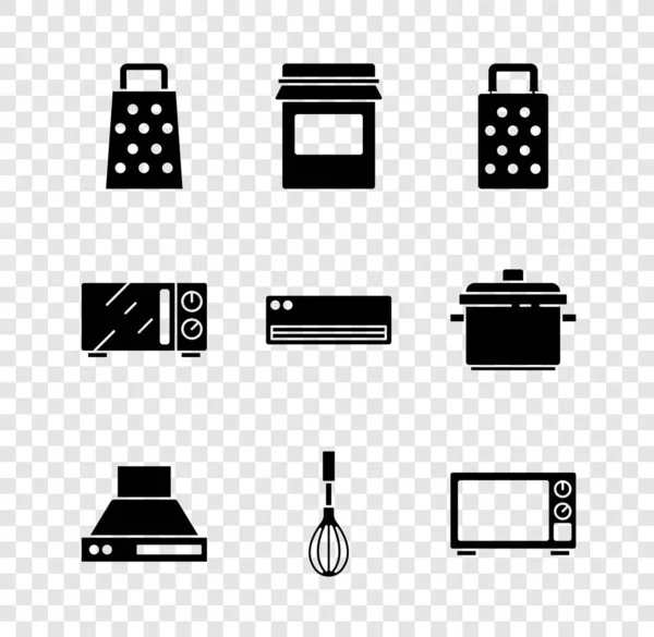 Set rallador, tarro de mermelada, extractor de cocina ventilador, batidor, horno microondas, y el icono de aire acondicionado. Vector — Archivo Imágenes Vectoriales