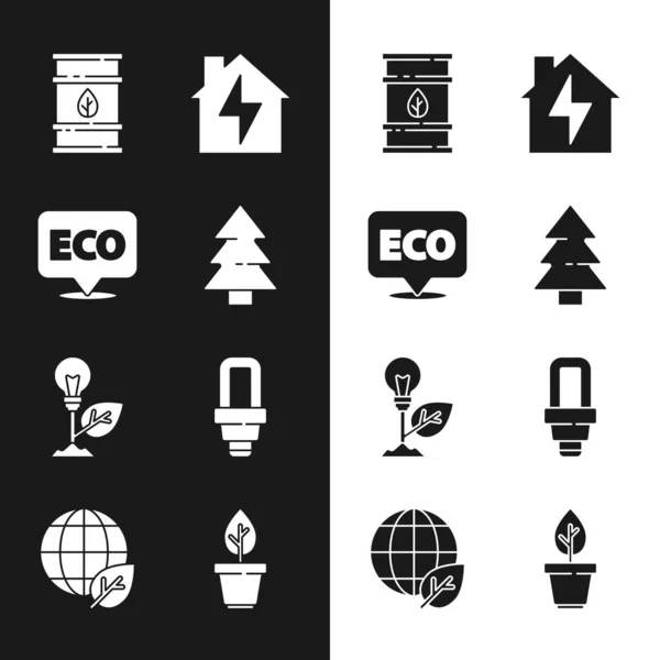 Set Árbol de Navidad, Etiqueta para comida eco saludable, Bio barril de combustible, Casa y relámpago, Bombilla con hoja, led, Maceta de plantas y globo terráqueo icono. Vector — Archivo Imágenes Vectoriales