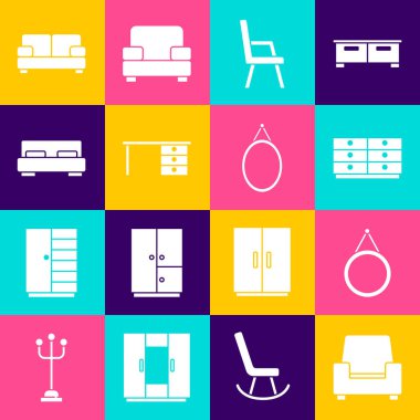 Koltuk, Ayna, Çekmeceler, ofis masası, büyük yatak, kanepe ve ikon. Vektör