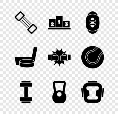 Göğüs açıcı, spor podyumu ödülü, Amerikan futbolu, Dumbbell, Kettlebell, boks kaskı, buz hokeyi sopası ve boks eldiveni ikonu. Vektör