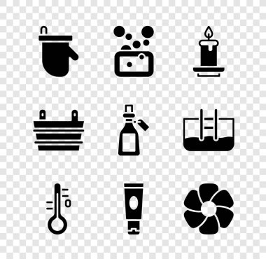 Sauna eldivenleri, sabun çubuğu, Aroma mumu, termometre, krem veya losyon kozmetik tüp, çiçek, kova ve temel yağ şişesi ikonu. Vektör