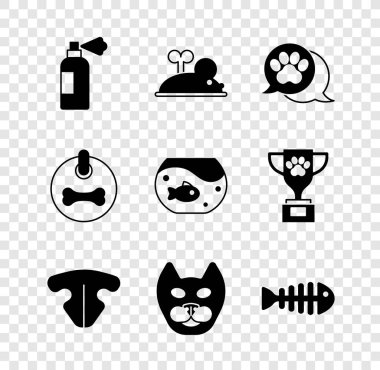 Evcil hayvan şampuanı, Clockwork fare, Paw izi, Kedi burnu, Balık iskeleti, köpek tasması ve balık ikonlu akvaryum. Vektör