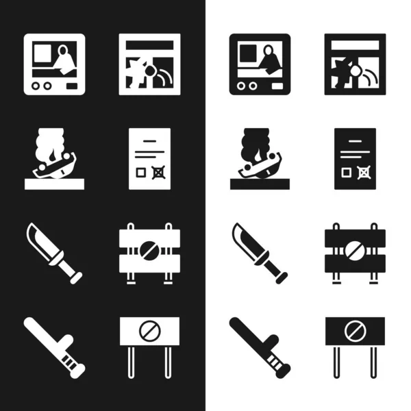 폴링 문서 , Burning car, Television report, Broken window, Military knife, Road barrier, Protest and Police rubber baton icon. Vector — 스톡 벡터