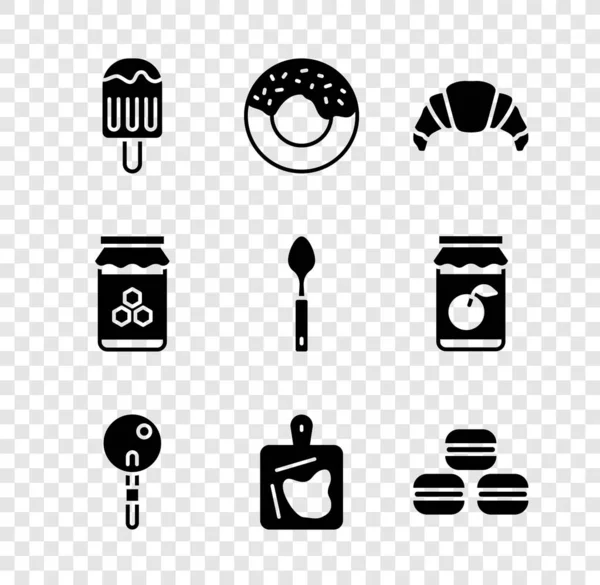 Set Helado, Donut, Croissant, Piruleta, Tabla de cortar, Galleta de Macaron, Tarro de miel e icono de cuchara. Vector — Archivo Imágenes Vectoriales