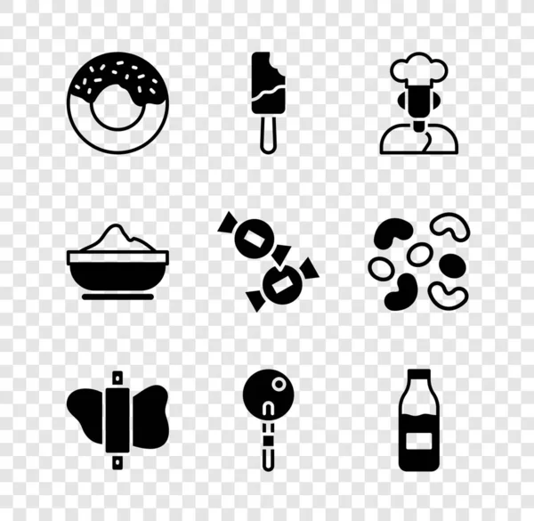 Set Donut, Ice cream, Cook, Rolling pin dough, Lollipop, Bottle with milk, Flour bowl and Candy icon. Vector — Stock Vector