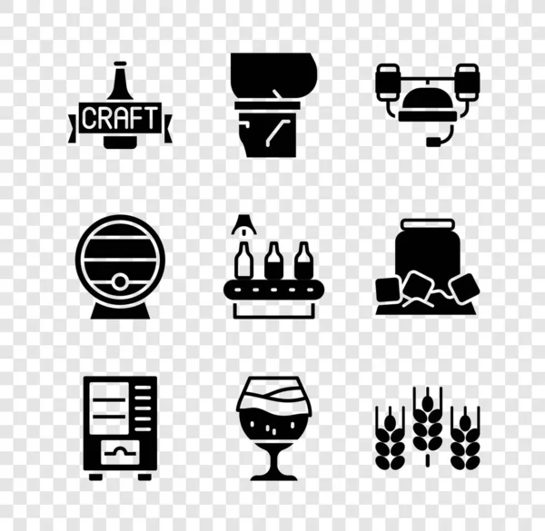 Set láhev od piva, břicho, helma, prodejní automat, sklenice piva, pšenice, dřevěný sud na stojanu a dopravníkový pás, ikona. Vektor — Stockový vektor