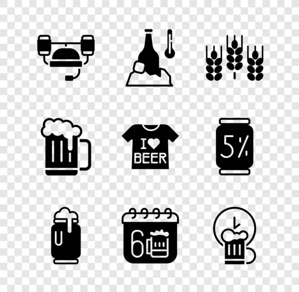 Set Bierhelm, kalte Bierflasche, Weizen, Dose mit Schaumstoff, Saint Patricks Tageskalender, Happy hour, Holzkrug und T-Shirt-Symbol. Vektor — Stockvektor