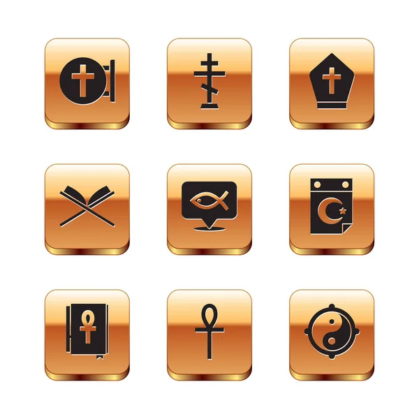 Conjunto de cruz cristiana, Cruz libro ankh, pescado, Santo del Corán, sombrero del Papa, Yin Yang y el icono. Vector — Archivo Imágenes Vectoriales