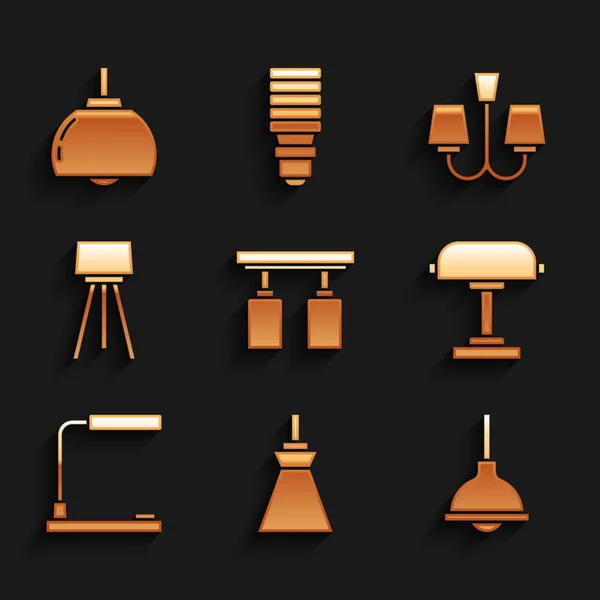 Set Led spårljus och lampor, Lampa hängande, Bord, Golv, Ljuskrona och ikon. Vektor — Stock vektor