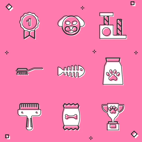 Set Dog award symbol, poteau à gratter Cat, brosse à cheveux pour chien et chat, squelette de poisson, sac de nourriture pour animaux de compagnie et icône. Vecteur — Image vectorielle