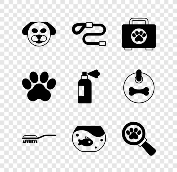 Set Dog, trela de cabo retrátil, kit de primeiros socorros Pet, escova de cabelo para cão e gato, Aquário com peixe, Clínica veterinária, Paw print and shampoo icon. Vetor — Vetor de Stock