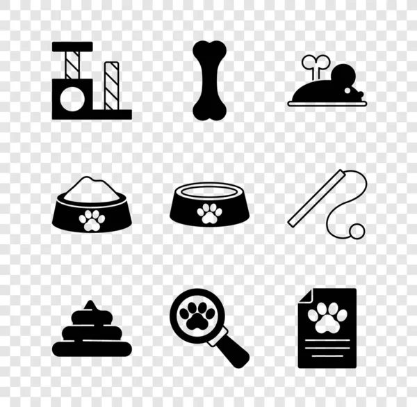 Set Cat scratching post, Dog bone, Clockwork mouse, Shit, Veterinary clinic, Clinical record pet, Pet food bowl and icon. Vector — Vector de stock