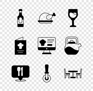 Şarap şişesi, kızarmış hindi veya tavuk, cam, kafe ve restoran yeri, pizza bıçağı, sandalyeli ahşap masa, yemek kitabı ve online sipariş ikonu. Vektör