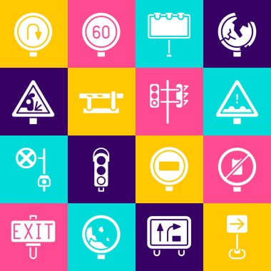 Trafik işaretini sağa çevir, cep telefonu yok, önümüzde Uneven yolu yok, ışıklı billboard, park yeri bariyeri, uyarı, geri dön ve simge. Vektör