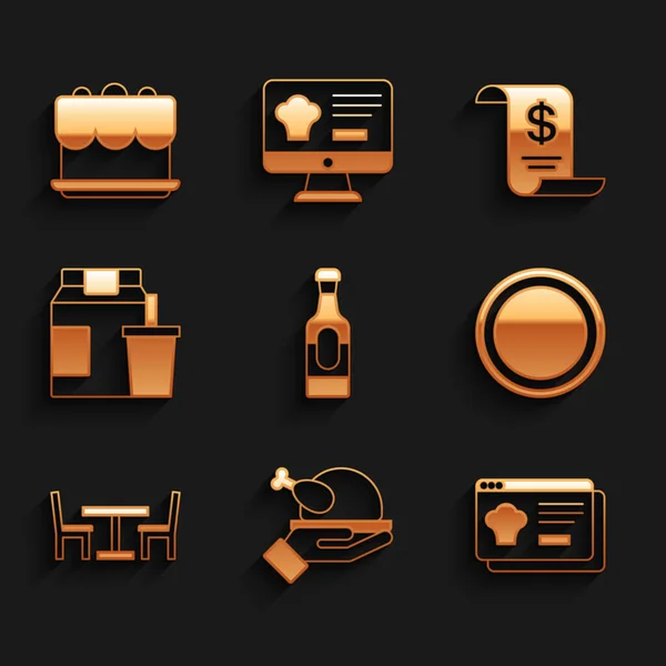 Set Botella de vino, Pavo asado o pollo, Pedido y entrega en línea, Placa, Mesa de madera con silla, Cheque financiero de papel e icono de pastel. Vector — Vector de stock