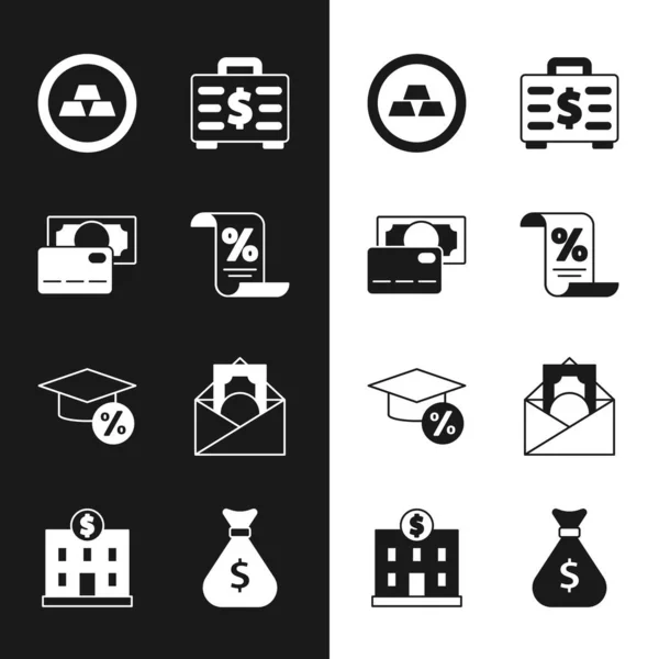 Set Finanzdokument, Kreditkarte, Goldbarren, Aktentasche und Geld, Abschlussmünze, Umschlag mit Dollarsymbol, Geldsack und Bankgebäudesymbol. Vektor — Stockvektor