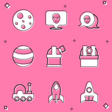 Mars Gezegeni, Uzaylı, Astronomik Gözlemevi, Gezegen ve Roket gemi simgesini ayarlayın. Vektör