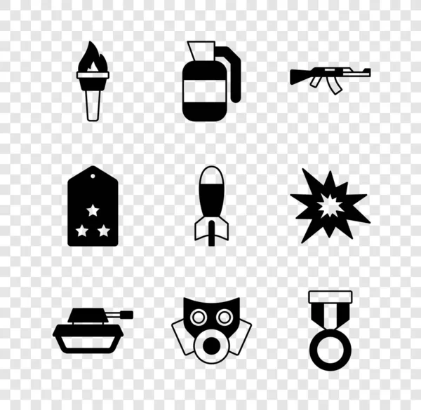 Set Torch flame, Hand grenade, Submachine gun, Military tank, Gas mask, reward medal, rank and Rocket launcher icon. Vector — Stock Vector